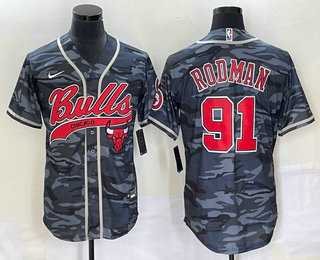 Mens Chicago Bulls #91 Dennis Rodman Black Camo With Patch Cool Base Stitched Baseball Jersey